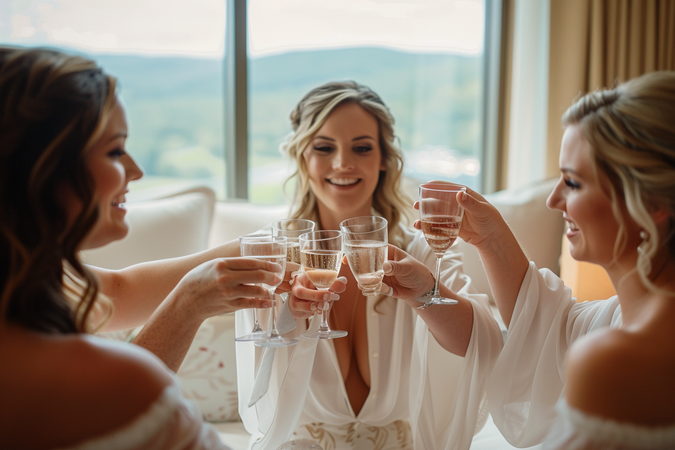 Bride-to-be in a casual, white outfit with her bridesmaids toasting with champagne in a luxury hotel room in Asheville, NC.